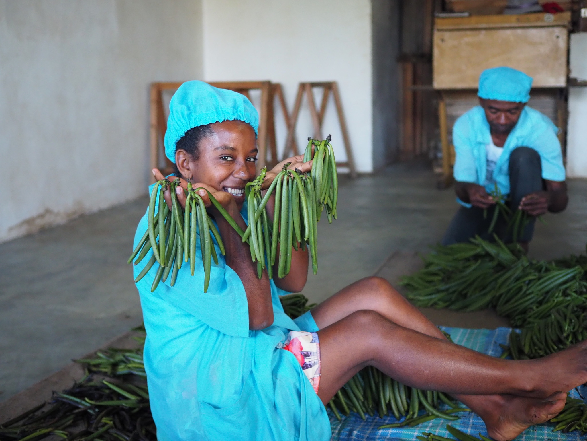 ■深い香りと品質
世界有数の産地・マダガスカルの中でも、特に香りに優れたバニラビーンズです。
甘く華やかな香りに、熟成による深みと奥行き。水分量の多い柔らかめのビーンズで、中のバニラシードを取り出しやすくお菓子作りに適しています。

■つくる人々
バニラを生産しているのは、協同組合に参加する約500戸の家族経営農家。収穫されたグリーンバニラは組合の加工工場に集められ、半年の歳月をかけてバニラビーンズへと加工され、出荷されます。

また、仕入れの際にプレミアムフィーとして上乗せして支払われた金額は、協同組合を通じて、学校づくりや橋の建設など、農家や地域のために活用されています。

品質を安定させるため、協同組合や加工業者から仕入れつつ、生産者とも直接つながり、
「どこで、どのように育てられたか」「加工前の取引価格」まで把握しています。
現地を訪れ対話を重ね、対等でフェアな関係づくりを大切にしています。
